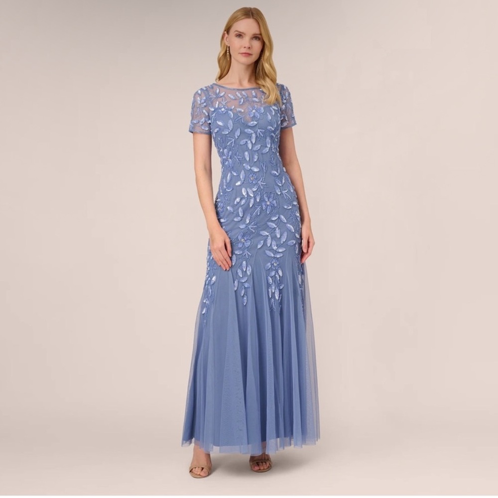 Adrianna Papell Beaded French Blue Evening Gown Size 8 NWT MOB Formal GALA